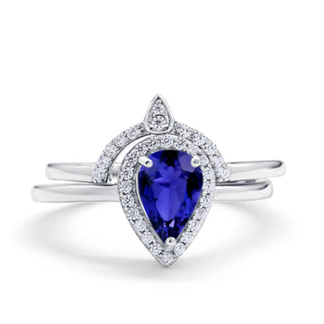 Two Piece Teardrop Engagement Ring Simulated Blue Sapphire CZ 925 Sterling Silver
